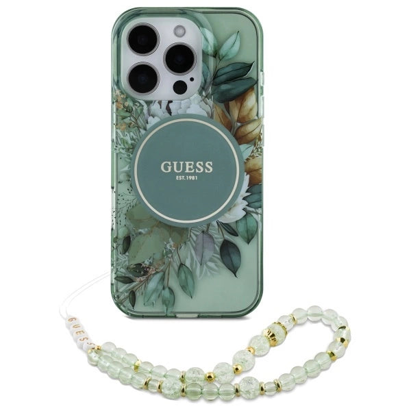 Guess IML Flowers With Pearl Strap MagSafe-foder for iPhone 16 Pro - grøn