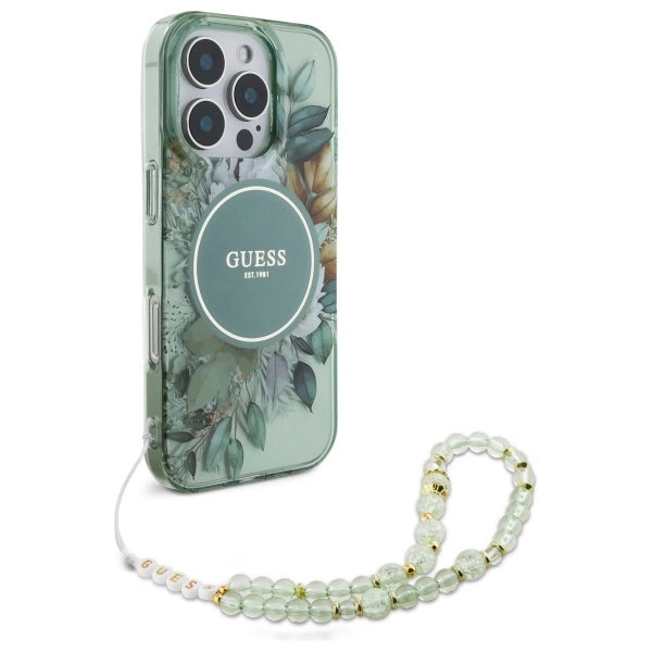 Guess IML Flowers With Pearl Strap MagSafe-foder for iPhone 16 Pro - grøn