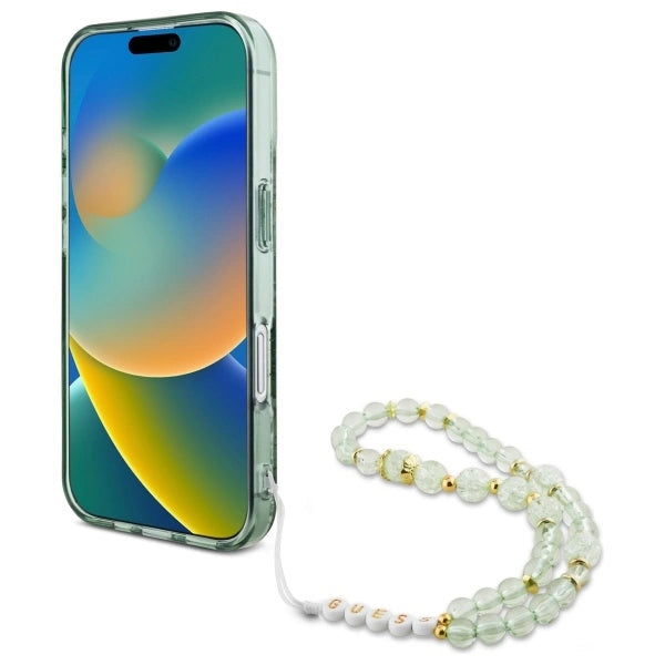 Guess IML Flowers With Pearl Strap MagSafe-foder for iPhone 16 Pro - grøn