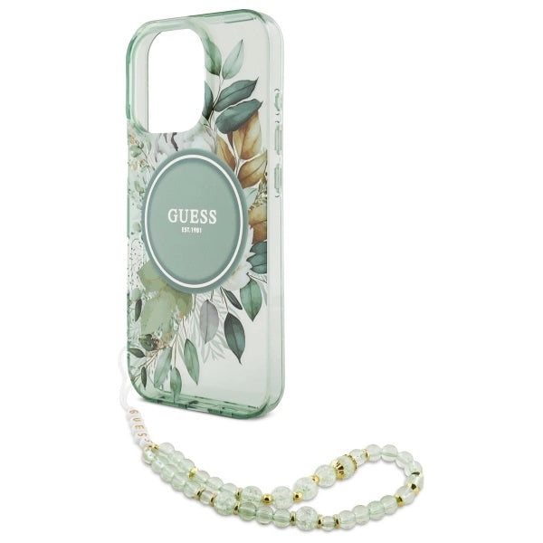 Guess IML Flowers With Pearl Strap MagSafe-foder for iPhone 16 Pro - grøn