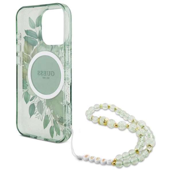 Guess IML Flowers With Pearl Strap MagSafe-foder for iPhone 16 Pro - grøn