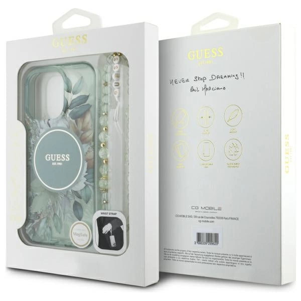 Guess IML Flowers With Pearl Strap MagSafe-foder for iPhone 16 Pro - grøn