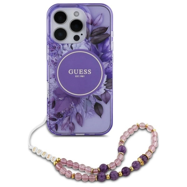 Guess IML Flowers With Pearl Strap MagSafe-foder for iPhone 16 Pro - lilla