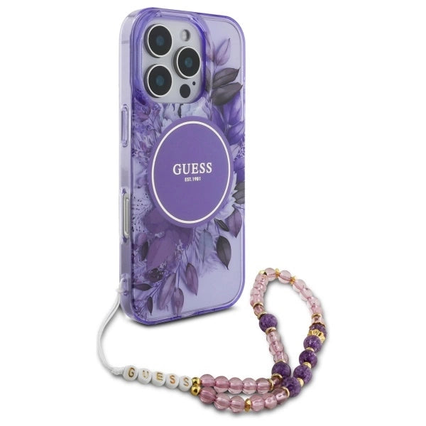Guess IML Flowers With Pearl Strap MagSafe-foder for iPhone 16 Pro - lilla