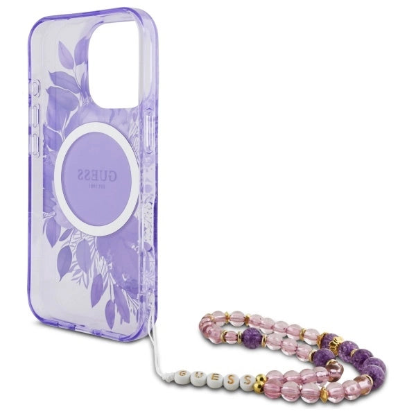 Guess IML Flowers With Pearl Strap MagSafe-foder for iPhone 16 Pro - lilla