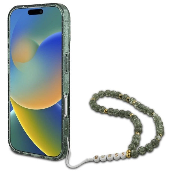 Guess IML Glitter med Pearl Strap MagSafe-fodral til iPhone 16 Plus - grøn
