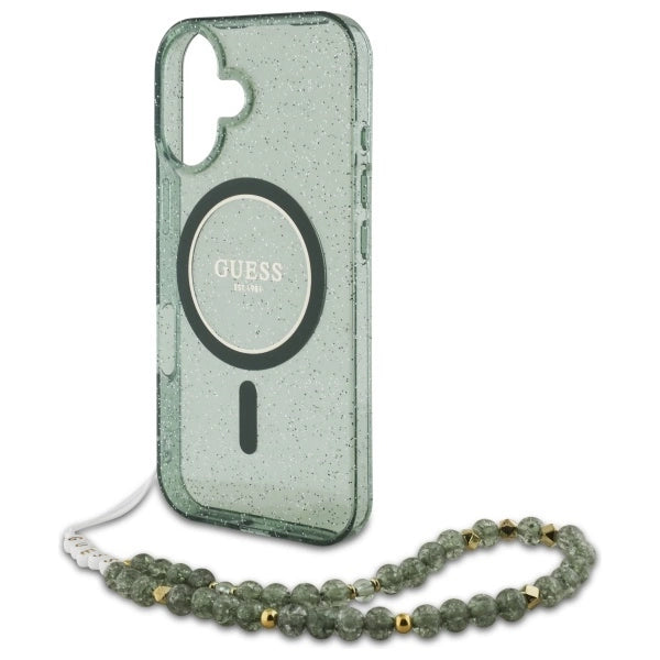 Guess IML Glitter med Pearl Strap MagSafe-fodral til iPhone 16 Plus - grøn