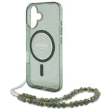 Guess IML Glitter med Pearl Strap MagSafe-fodral til iPhone 16 Plus - grøn