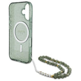 Guess IML Glitter med Pearl Strap MagSafe-fodral til iPhone 16 Plus - grøn