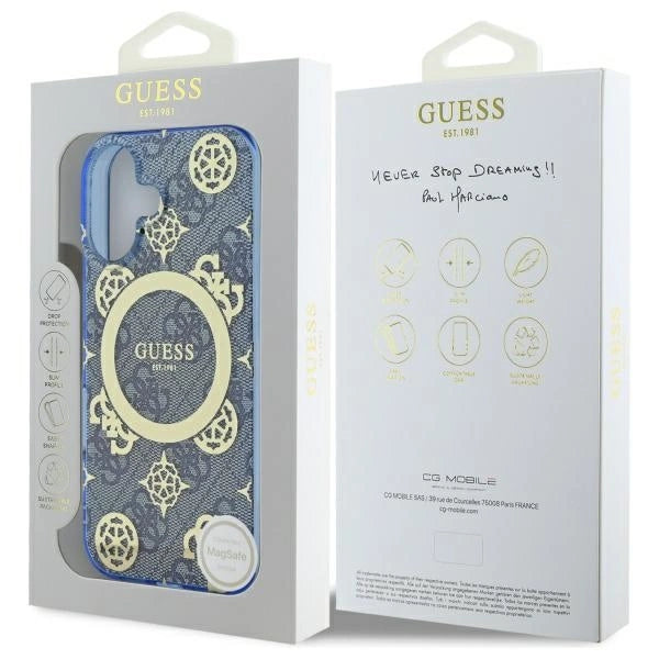 Guess IML Peony On 4G Baggrunds MagSafe-fodral til iPhone 16 - blå
