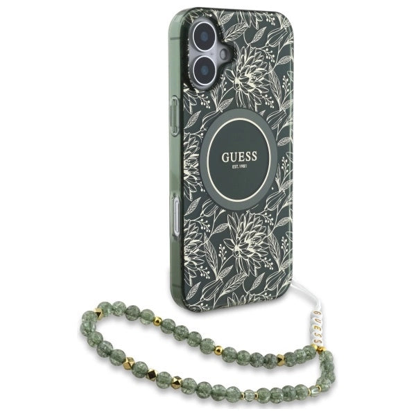 Guess IML Flowers Allover Electro med Perle Strap MagSafe-foder for iPhone 16 - grøn