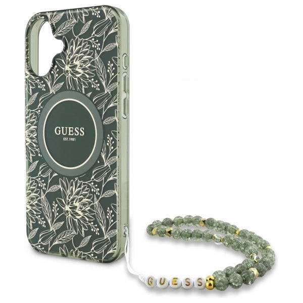 Guess IML Flowers Allover Electro med Perle Strap MagSafe-foder for iPhone 16 - grøn