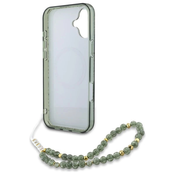 Guess IML Flowers Allover Electro med Perle Strap MagSafe-foder for iPhone 16 - grøn