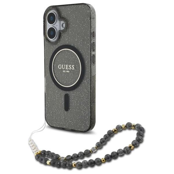 Guess IML Glitter med Pearl Strap MagSafe-foder for iPhone 16 - sort