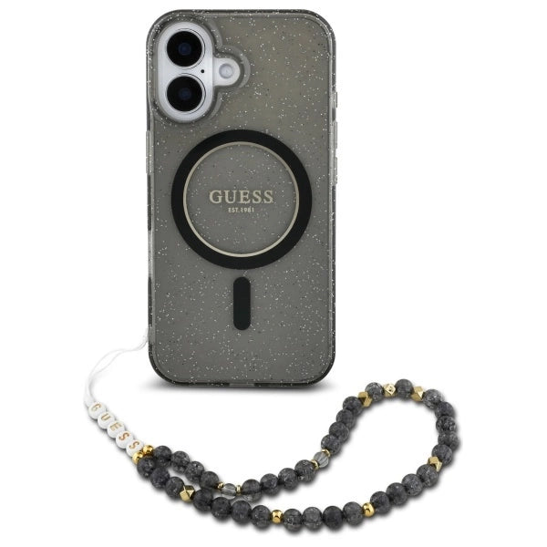 Guess IML Glitter med Pearl Strap MagSafe-foder for iPhone 16 - sort