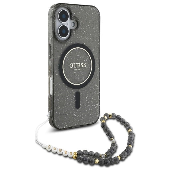 Guess IML Glitter med Pearl Strap MagSafe-foder for iPhone 16 - sort