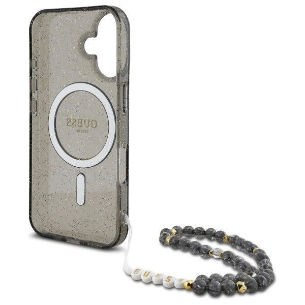 Guess IML Glitter med Pearl Strap MagSafe-foder for iPhone 16 - sort