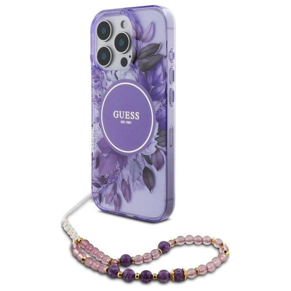 Guess IML Flowers With Pearl Strap MagSafe-foder for iPhone 16 Pro Max - lilla