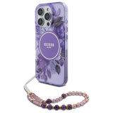 Guess IML Flowers With Pearl Strap MagSafe-foder for iPhone 16 Pro Max - lilla