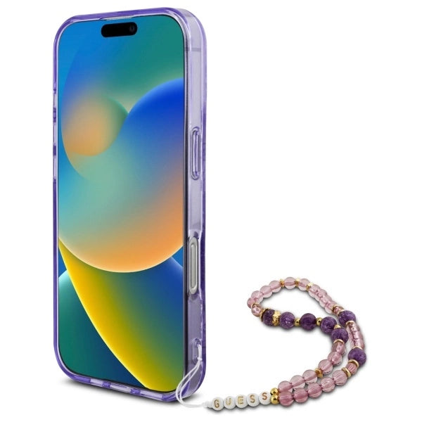 Guess IML Flowers With Pearl Strap MagSafe-foder for iPhone 16 Pro Max - lilla