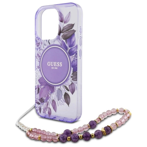 Guess IML Flowers With Pearl Strap MagSafe-foder for iPhone 16 Pro Max - lilla