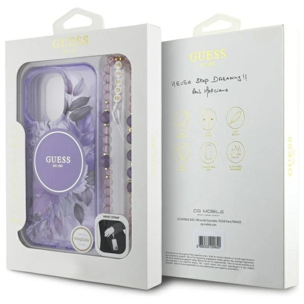 Guess IML Flowers With Pearl Strap MagSafe-foder for iPhone 16 Pro Max - lilla