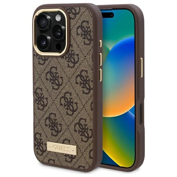 Guess 4G Logo Plate MagSafe Case til iPhone 16 Pro Max - Brunt