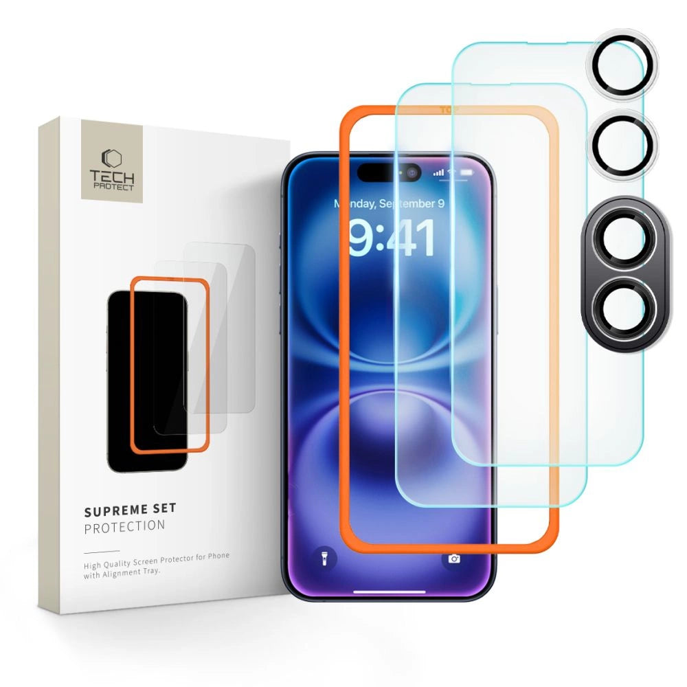 Tech-Protect Supreme Set hærdet glas til iPhone 16 - gennemsigtige (3 stykker.)