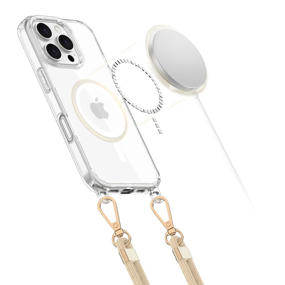 Tech-Protect FlexAir Chain MagSafe Case til iPhone 16 Pro - Clear + 2 Lanyards (sort og taupe)
