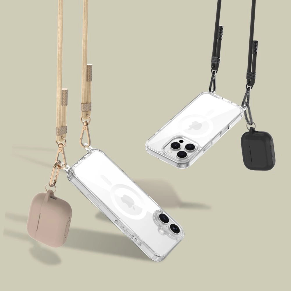 Tech-Protect FlexAir Chain MagSafe Case til iPhone 16 Pro - Clear + 2 Lanyards (sort og taupe)