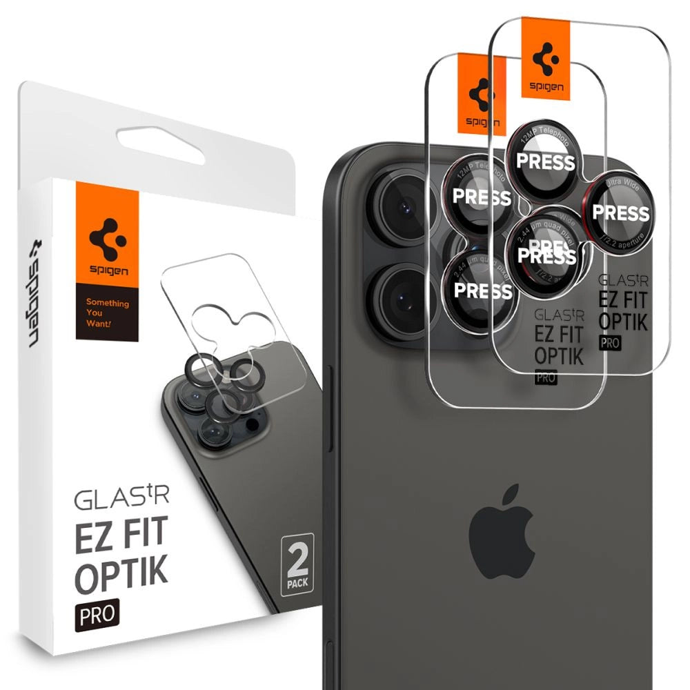 Spigen Optik Pro L-Series Glas.tR EZ Fit tempereret glas til iPhone 14 Pro / Pro Max / 15 Pro / Pro Max / 16 Pro / 16 Pro Max Kamera - sort med rød kant
