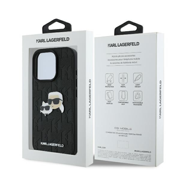Karl Lagerfeld Monogram Karl & Choupette Head Pin iPhone 16 Pro Case - sort