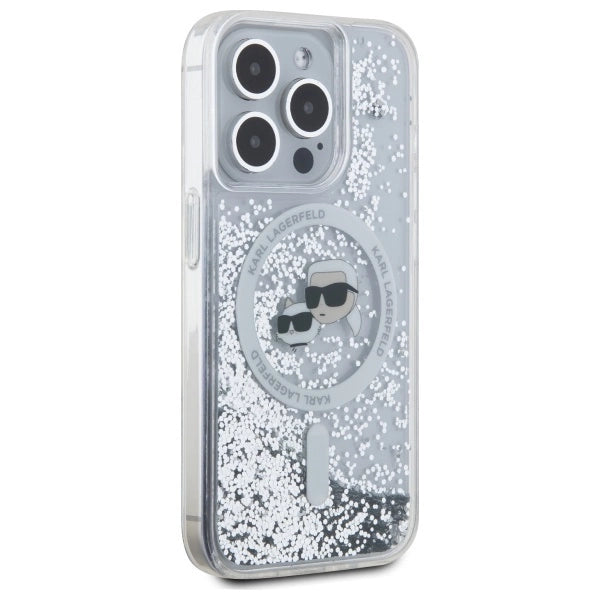 Karl Lagerfeld Liquid Glitter Karl & Choupette Head Magsafe Case for iPhone 15 Pro Max - Clear
