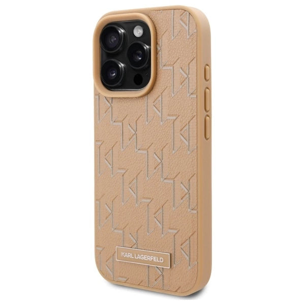 Karl Lagerfeld Leather Monogram Metal Logo MagSafe iPhone 16 Pro Case - Beige