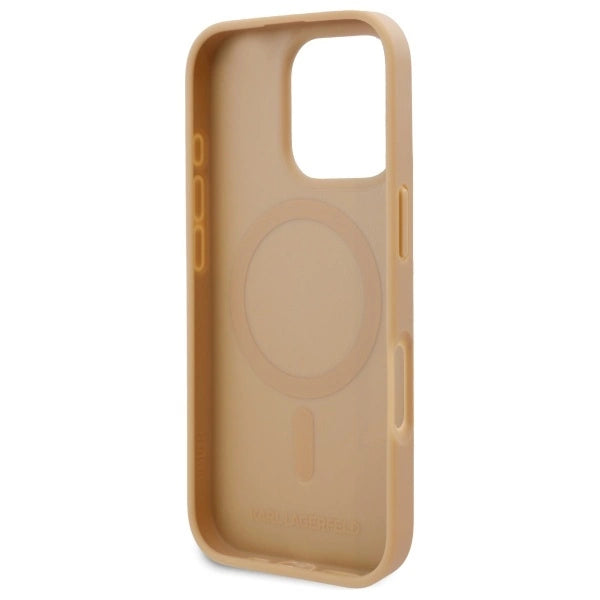 Karl Lagerfeld Leather Monogram Metal Logo MagSafe iPhone 16 Pro Case - Beige