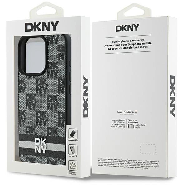 DKNY-kasse med rækker og trykte striber til iPhone 16 Pro - sort