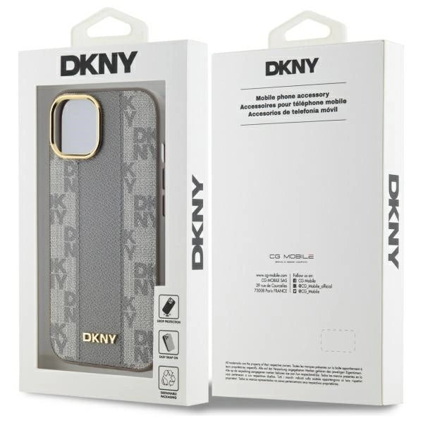 MagSafe iPhone 15 Plus-kasse af DKNY læder med krydsede mono mønstre - beige