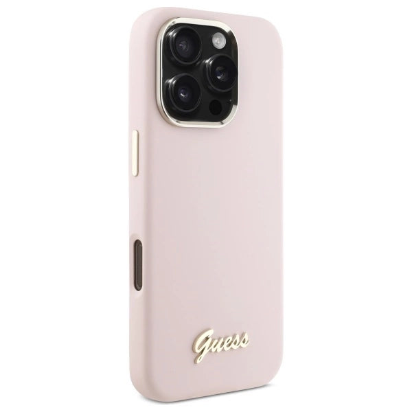 Guess Silicone Script Metal Logo & Frame iPhone 16 Pro Max Case - Pink