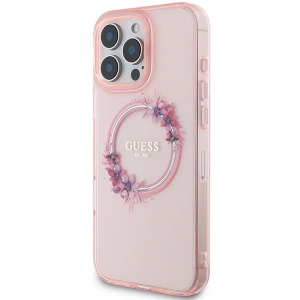 Guess IML Flowers Wreath MagSafe iPhone 16 Pro Max Case - Pink