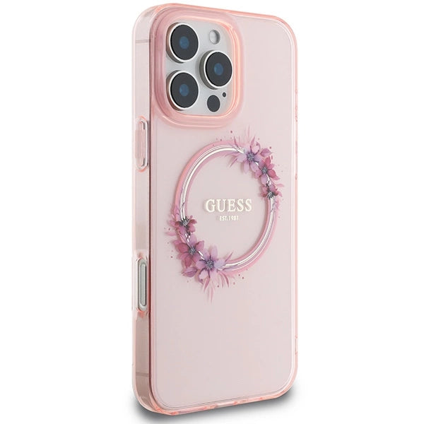 Guess IML Flowers Wreath MagSafe iPhone 16 Pro Max Case - Pink
