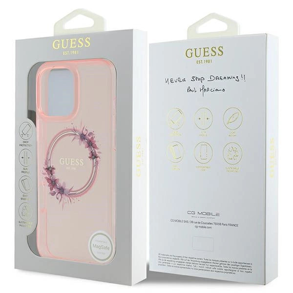 Guess IML Flowers Wreath MagSafe iPhone 16 Pro Max Case - Pink
