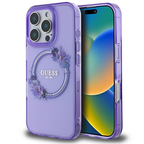 Guess IML Flowers Wreath MagSafe iPhone 16 Pro Max Case - lilla