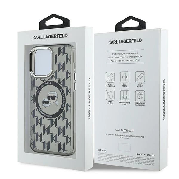 Karl Lagerfeld IML Monogram Karl & Choupette Head MagSafe Case for iPhone 15 Pro Max - Black