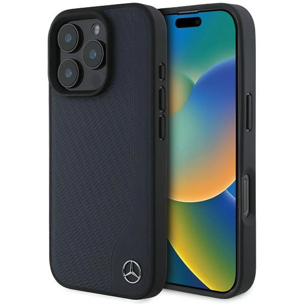 Mercedes MB Wood Imitation Leather MagSafe Case til iPhone 16 Pro Max - Navy Blue