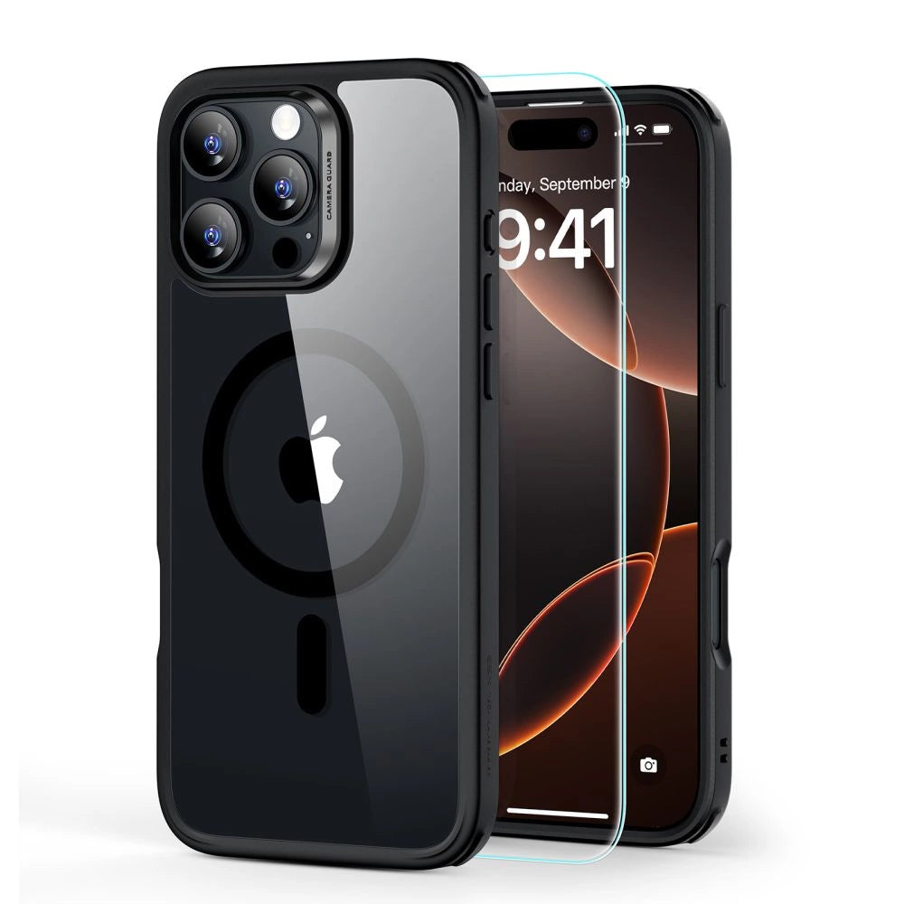 ESR Classic Hybrid Halolock MagSafe Case + tempereret glas til iPhone 16 Pro Max - Klar med sort ramme