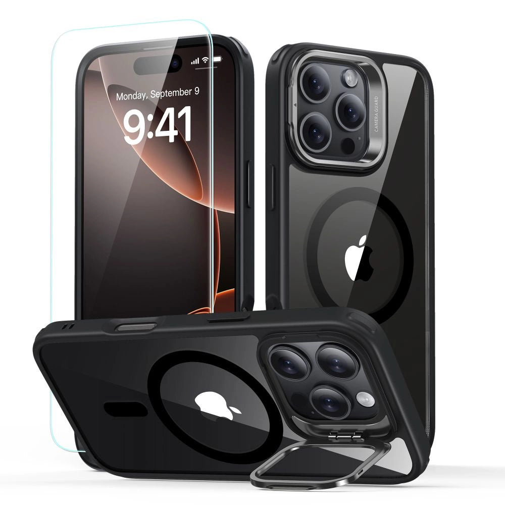 ESR Classic Hybrid Kickstand Halolock MagSafe Case med Stand + Hæmt Glas til iPhone 16 Pro Max - Klar med sort ramme