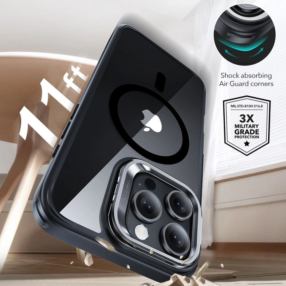 ESR Classic Hybrid Kickstand Halolock MagSafe Case med Stand + Hæmt Glas til iPhone 16 Pro Max - Klar med sort ramme