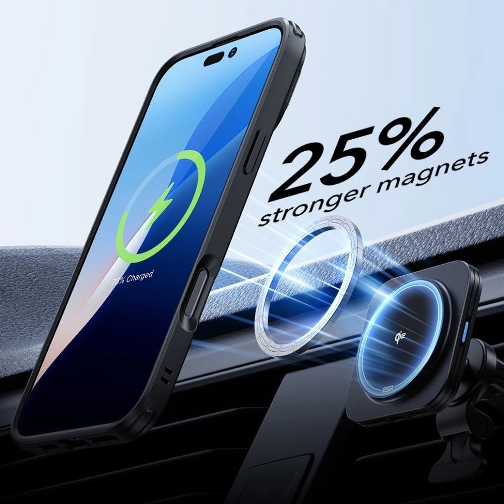 ESR Classic Hybrid Kickstand Halolock MagSafe Case med Stand + Hæmt Glas til iPhone 16 Pro Max - Klar med sort ramme