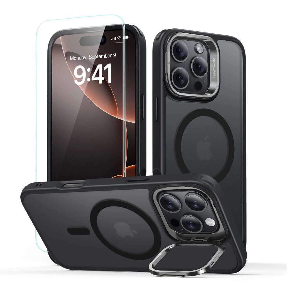 ESR Classic Hybrid Kickstand Halolock MagSafe Case med Stand + Hæmt Glas til iPhone 16 Pro Max - Halvt gennemsigtigt med sort ramme
