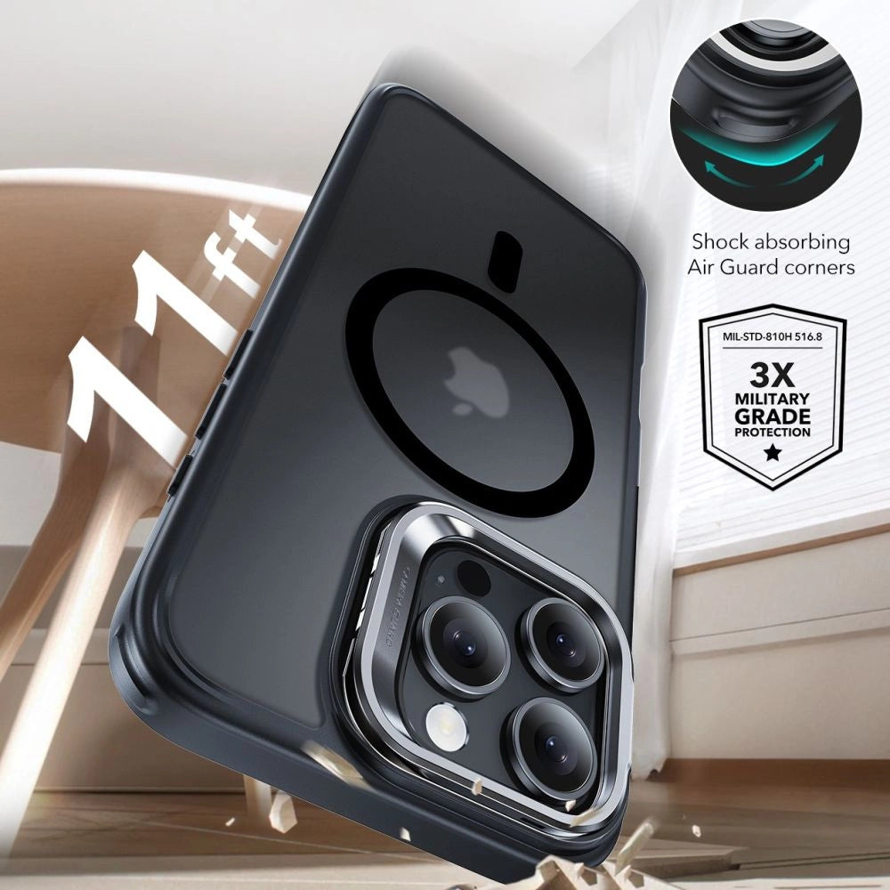ESR Classic Hybrid Kickstand Halolock MagSafe Case med Stand + Hæmt Glas til iPhone 16 Pro Max - Halvt gennemsigtigt med sort ramme